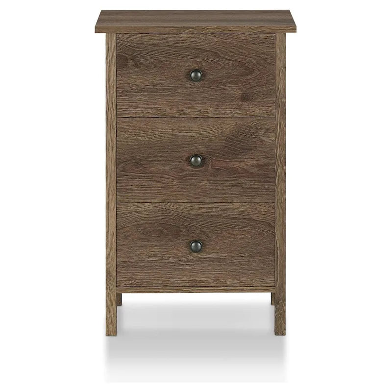 Comodino rustico in legno ingegnerizzato color noce effetto vissuto con 3 cassetti