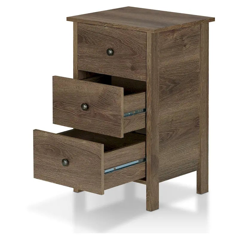 Comodino rustico in legno ingegnerizzato color noce effetto vissuto con 3 cassetti