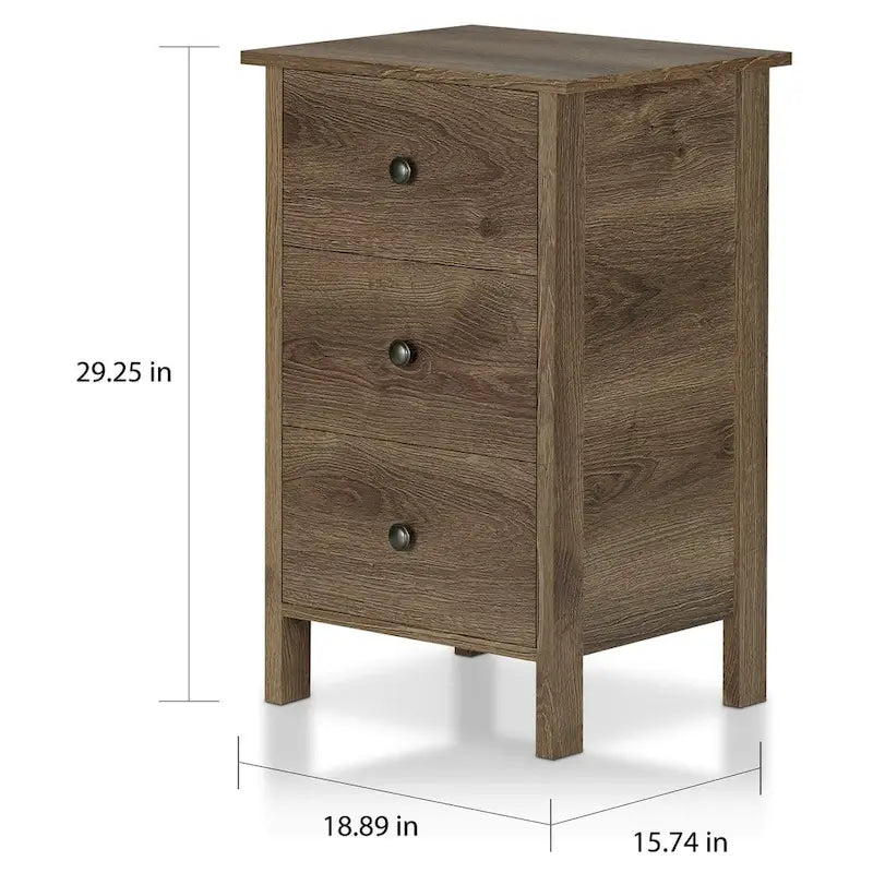 Comodino rustico in legno ingegnerizzato color noce effetto vissuto con 3 cassetti