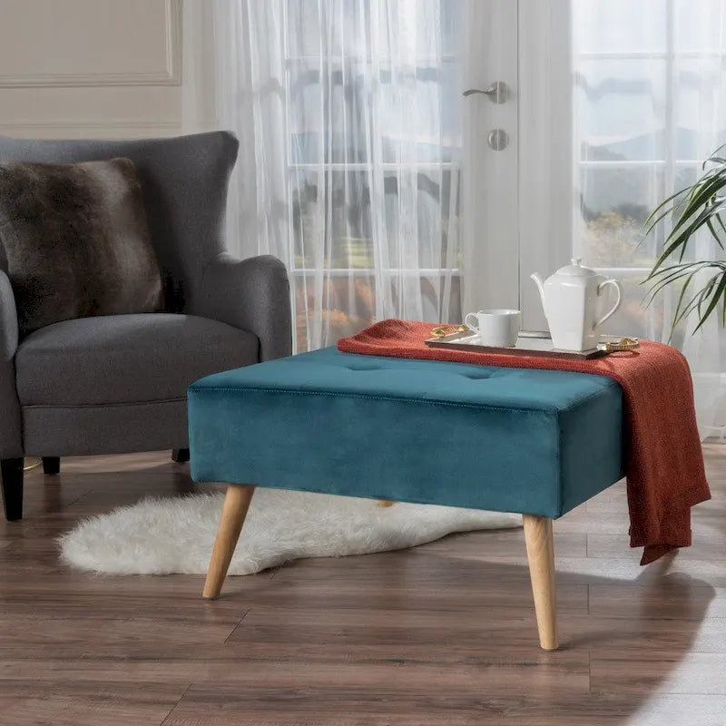 Otomana redonda de terciopelo de estilo moderno de mediados de siglo con patas de madera de abedul
