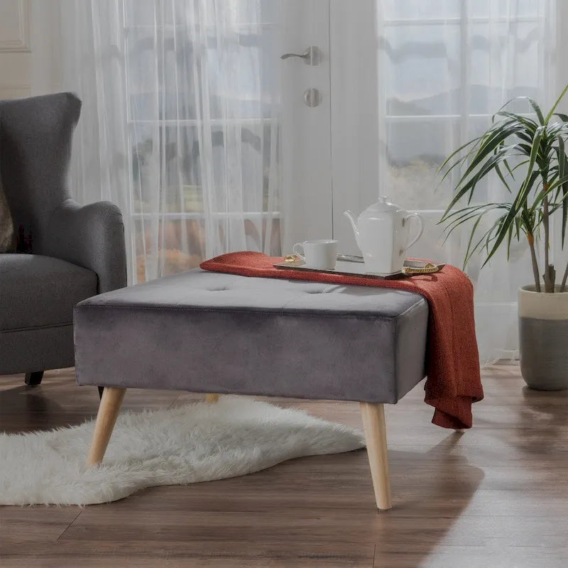Mid-Century Round Velvet Ottoman with Birch Wood Legs