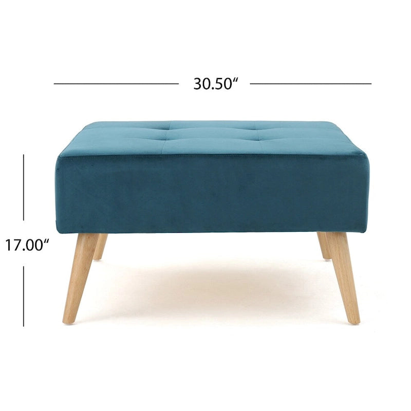 Mid-Century Round Velvet Ottoman with Birch Wood Legs