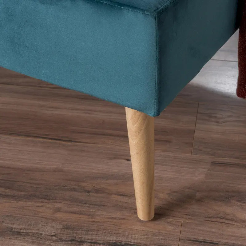 Otomana redonda de terciopelo de estilo moderno de mediados de siglo con patas de madera de abedul