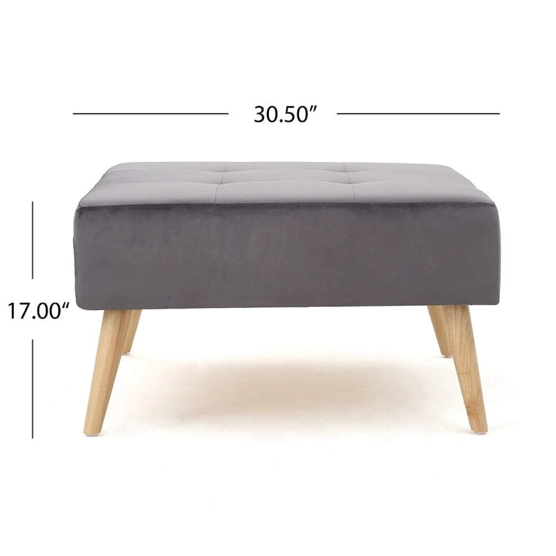 Otomana redonda de terciopelo de estilo moderno de mediados de siglo con patas de madera de abedul