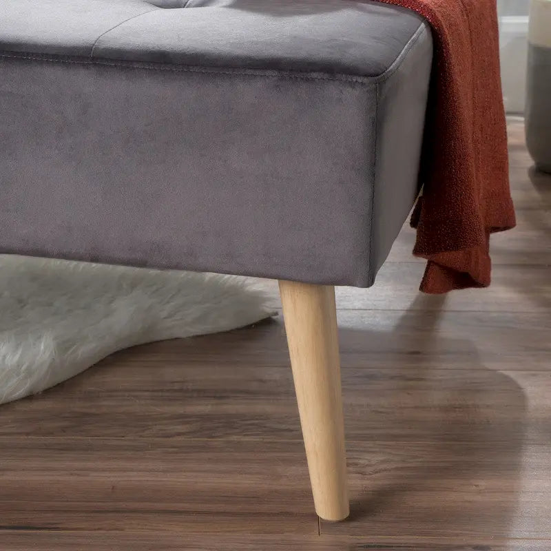 Otomana redonda de terciopelo de estilo moderno de mediados de siglo con patas de madera de abedul