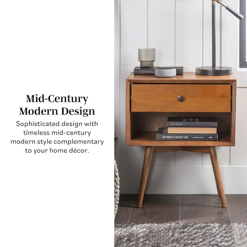 Mid-Century Solid Wood 1-Drawer Nightstand Set of 2