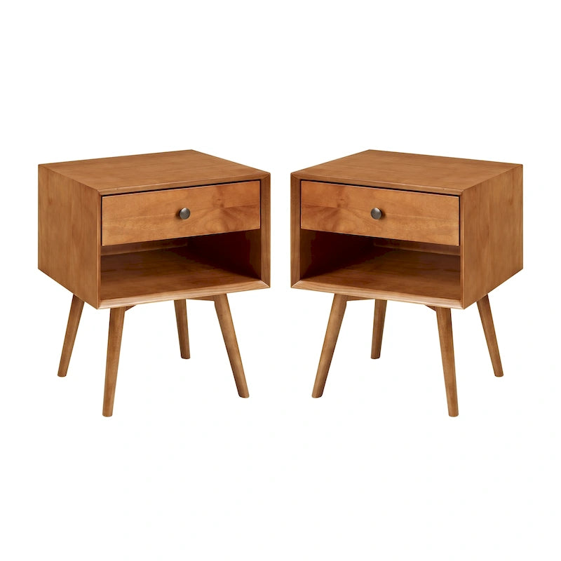Mid-Century Solid Wood 1-Drawer Nightstand Set of 2