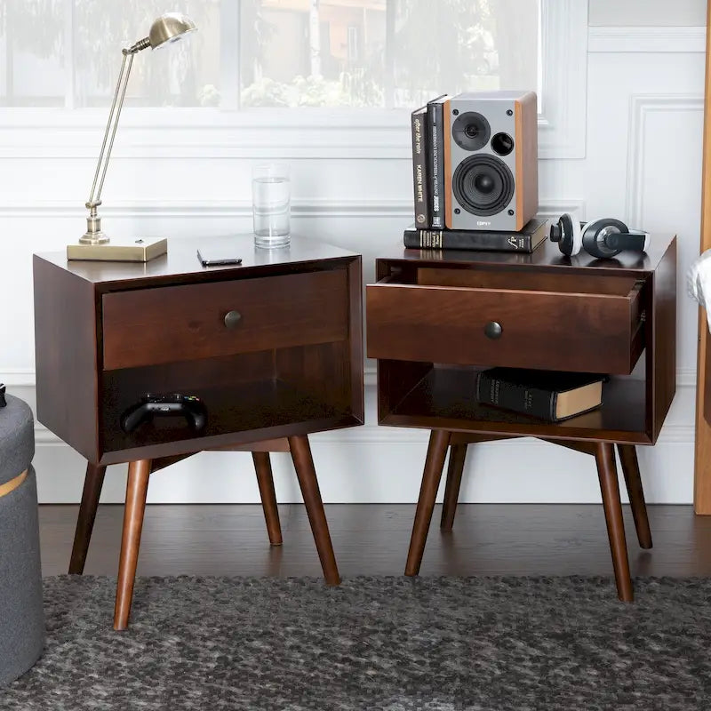Mid-Century Solid Wood 1-Drawer Nightstand Set of 2