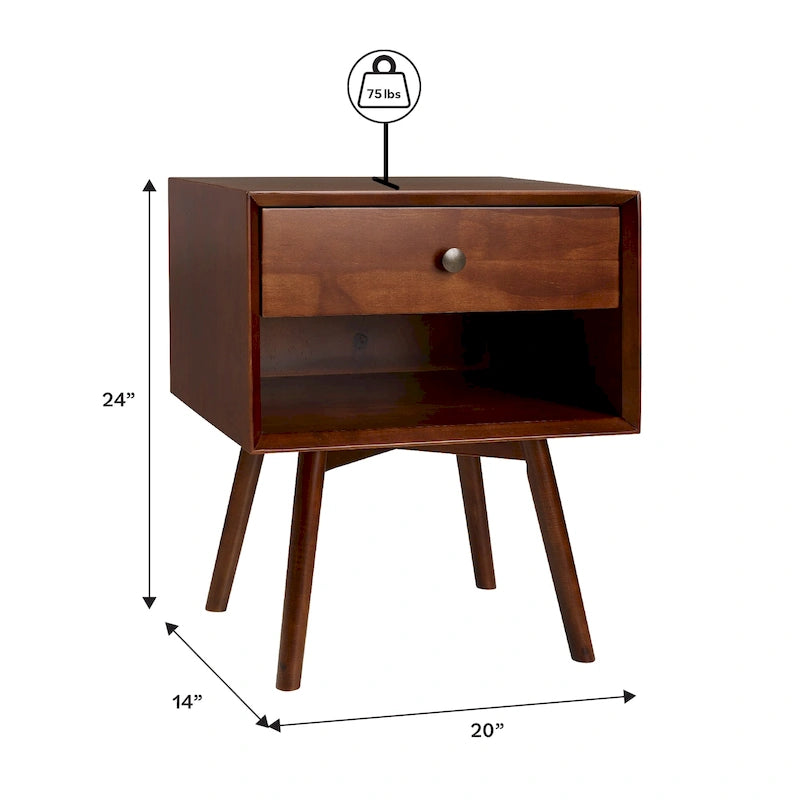 Mid-Century Solid Wood 1-Drawer Nightstand Set of 2