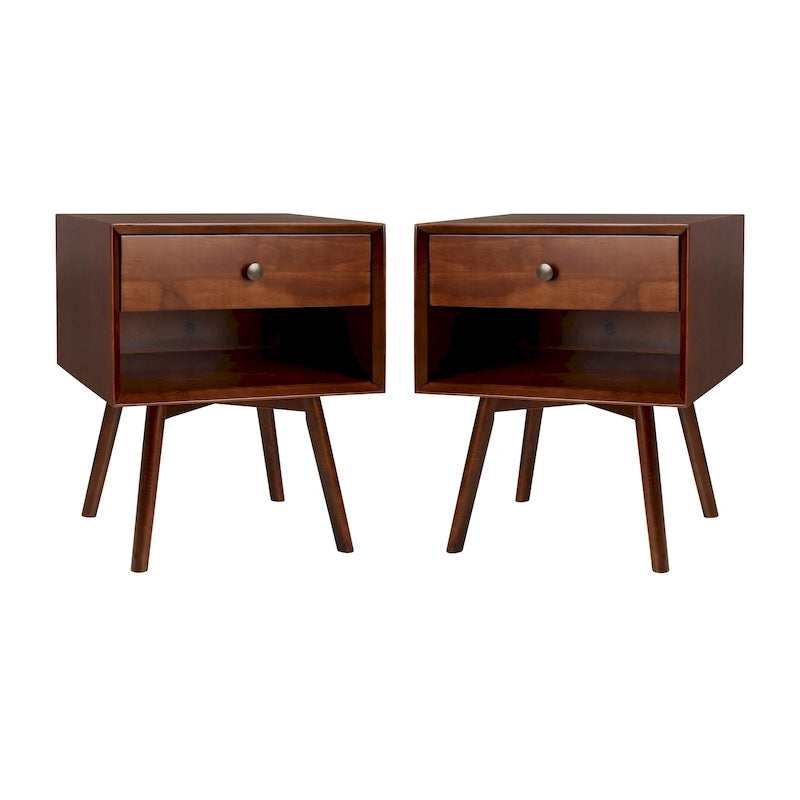 Mid-Century Solid Wood 1-Drawer Nightstand Set of 2