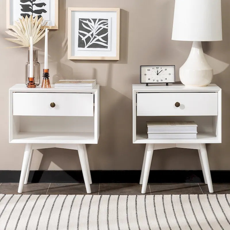 Mid-Century Solid Wood 1-Drawer Nightstand Set of 2
