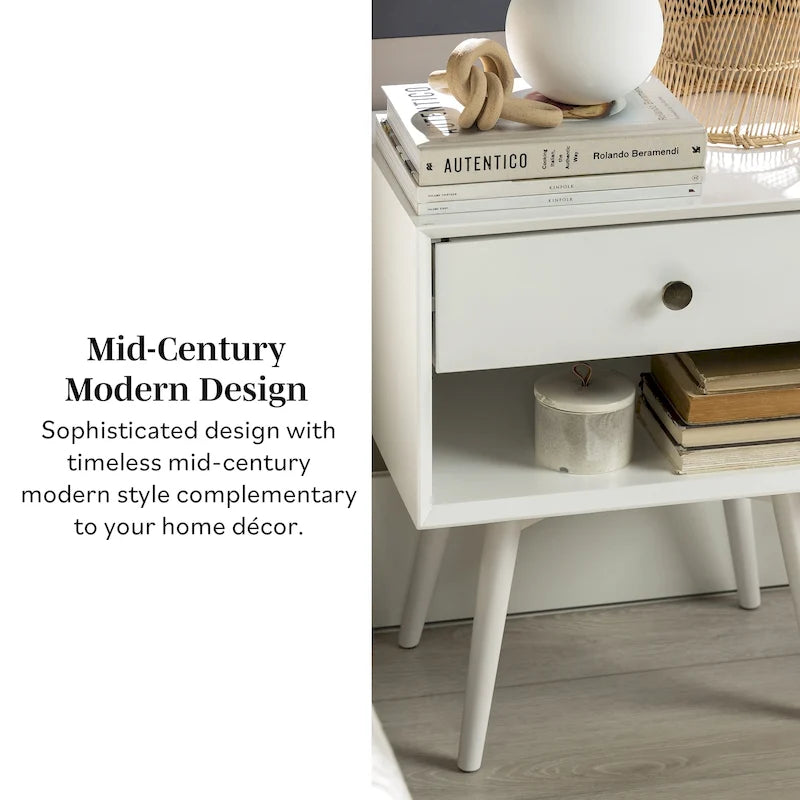 Mid-Century Solid Wood 1-Drawer Nightstand Set of 2