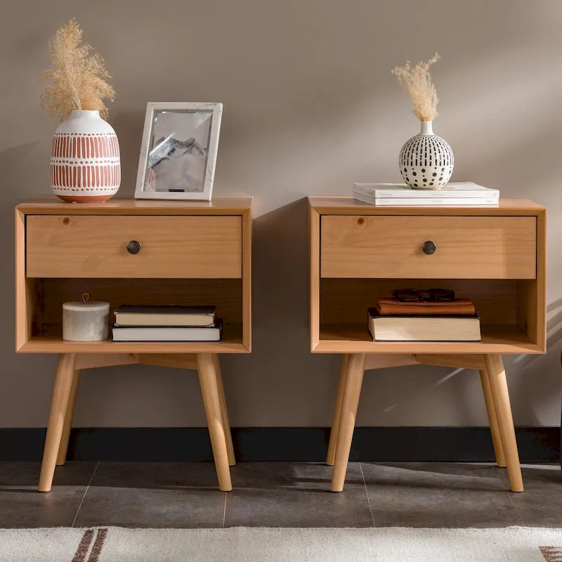Mid-Century Solid Wood 1-Drawer Nightstand Set of 2