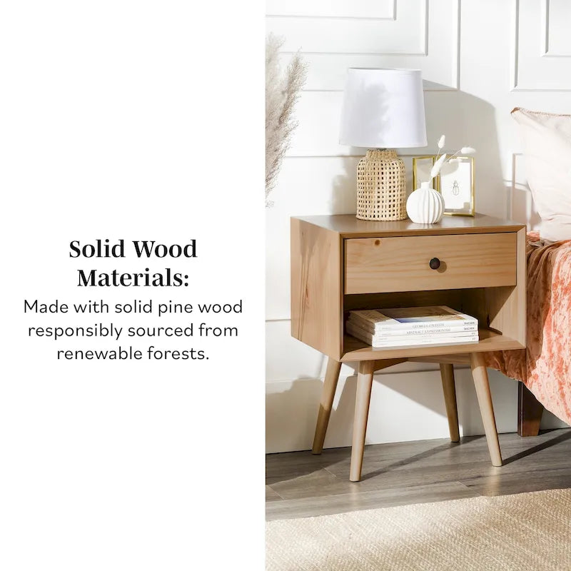 Mid-Century Solid Wood 1-Drawer Nightstand Set of 2