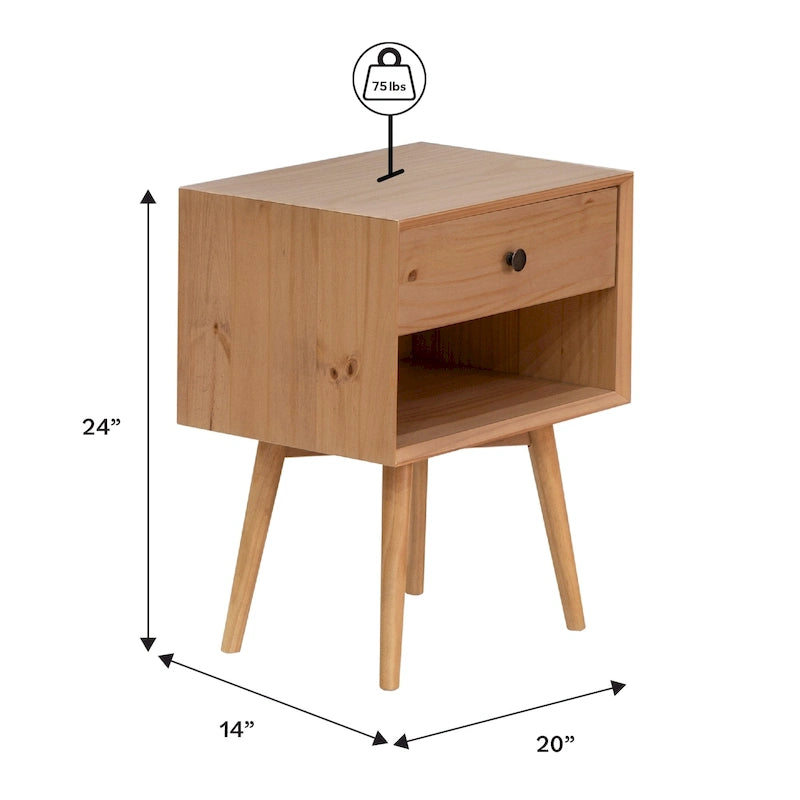 Mid-Century Solid Wood 1-Drawer Nightstand Set of 2