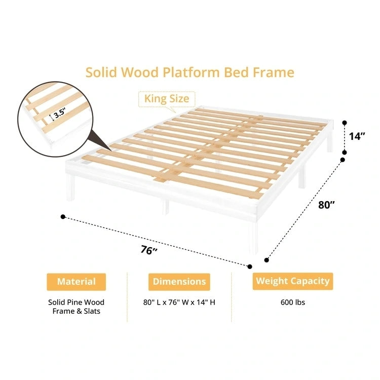 14 Inch Solid Pine Wood Platform Bed Frame No Squeak Bed Frame with Wooden Slats No Box Spring Needed