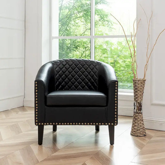 PU Leather Tufted Barrel Chair Club Armchair with Nailheads