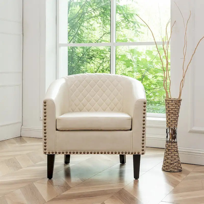 PU Leather Tufted Barrel Chair Club Armchair with Nailheads