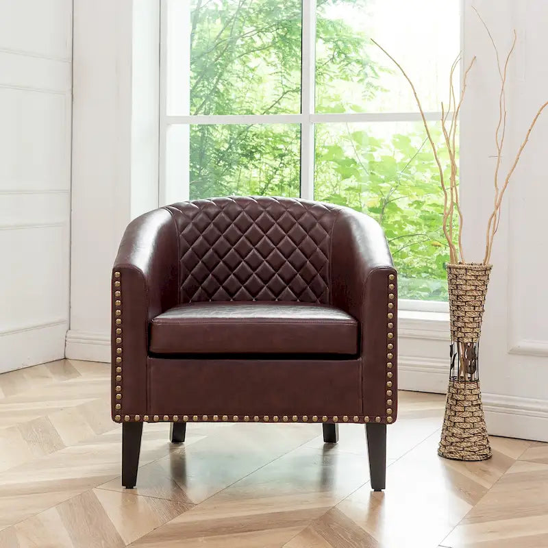 PU Leather Tufted Barrel Chair Club Armchair with Nailheads