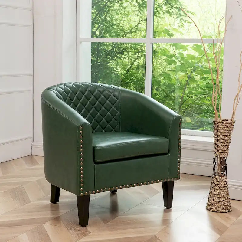 PU Leather Tufted Barrel Chair Club Armchair with Nailheads
