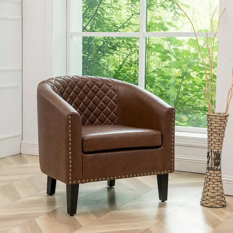 PU Leather Tufted Barrel Chair Club Armchair with Nailheads