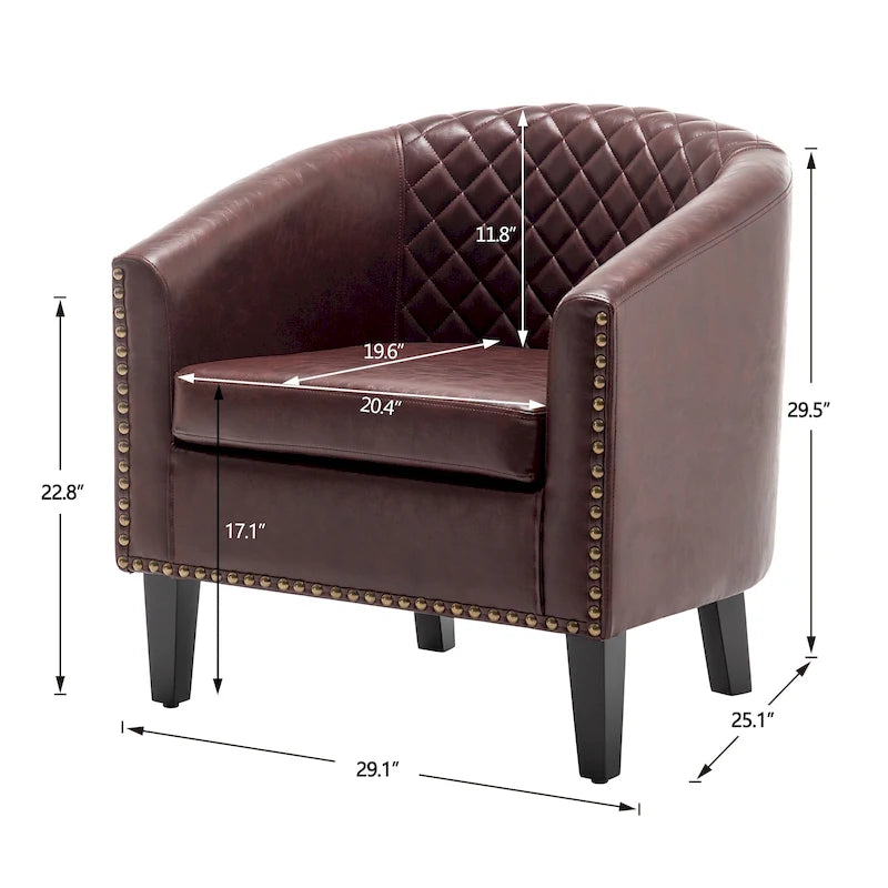 Poltrona club a botte in pelle PU trapuntata con borchie decorative
