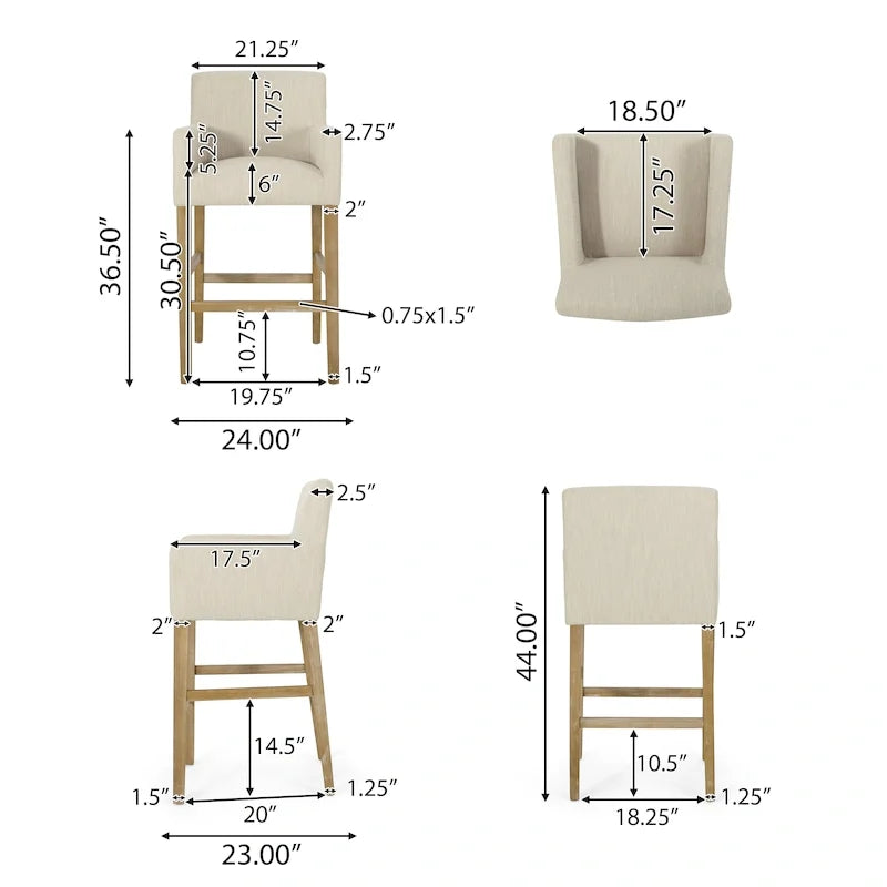 Barhocker aus Stoff und Gummibaumholz, 77,5 cm, 2er-Set