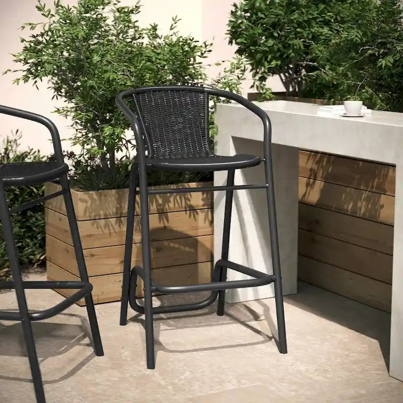 Commercial Indoor-Outdoor Rattan Restaurant Barstool with Aluminum Frame - N/A