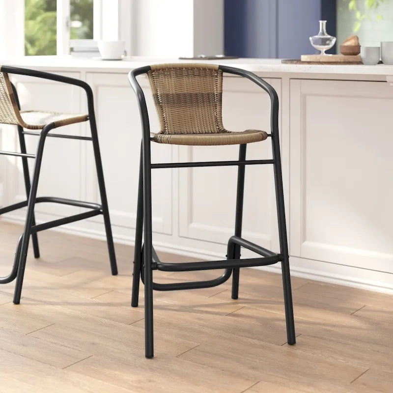 Commercial Indoor-Outdoor Rattan Restaurant Barstool with Aluminum Frame - N/A