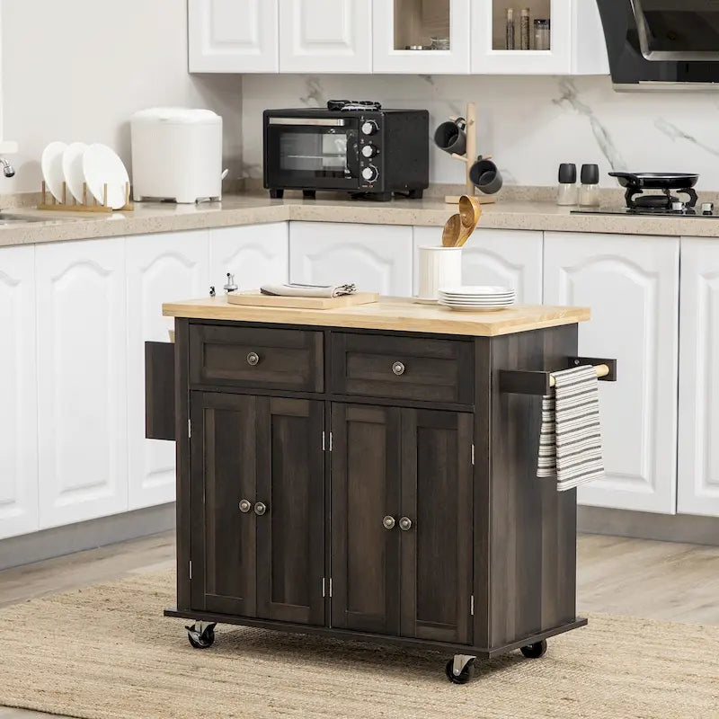 Kitchen Island on Wheels, Rolling Cart with Rubberwood Top, Spice Rack, Towel Rack and Drawers