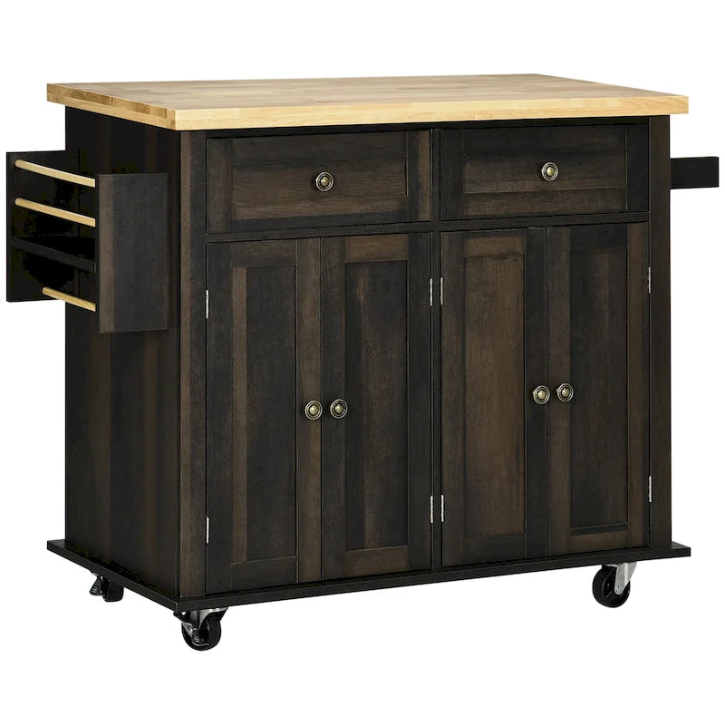 Kitchen Island on Wheels, Rolling Cart with Rubberwood Top, Spice Rack, Towel Rack and Drawers