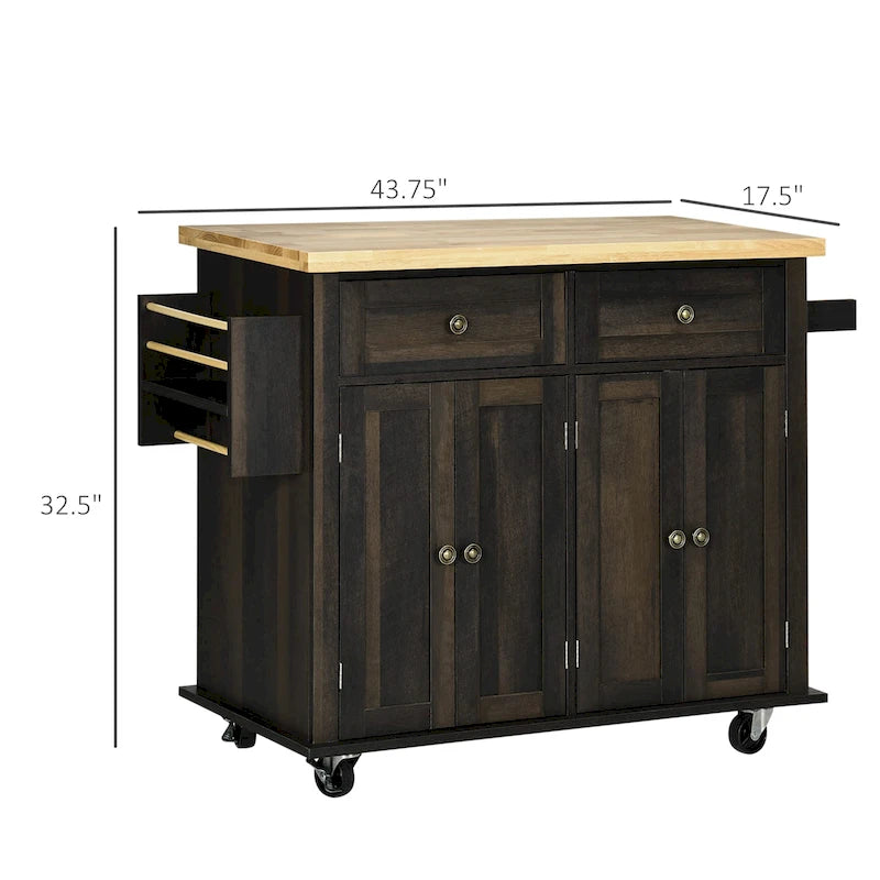 Kitchen Island on Wheels, Rolling Cart with Rubberwood Top, Spice Rack, Towel Rack and Drawers