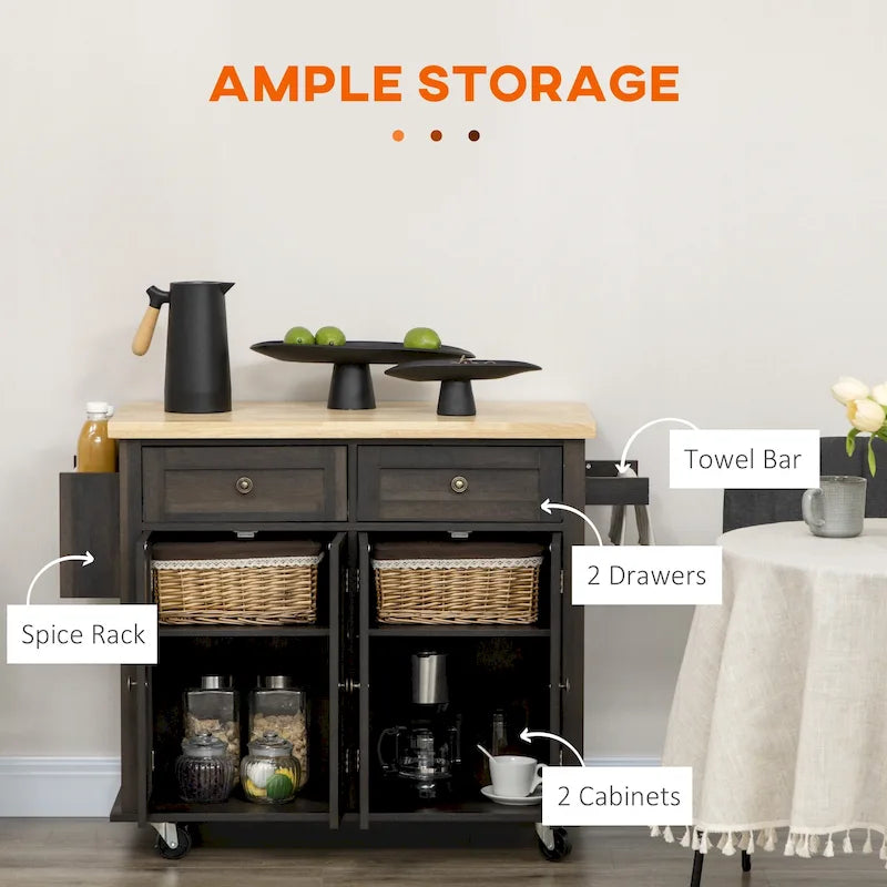 Kitchen Island on Wheels, Rolling Cart with Rubberwood Top, Spice Rack, Towel Rack and Drawers