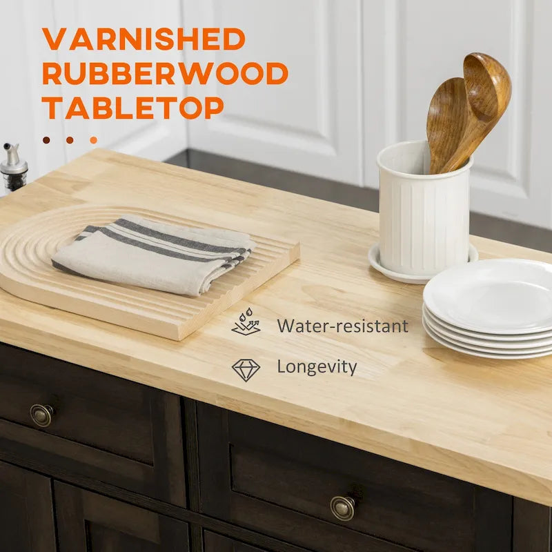 Kitchen Island on Wheels, Rolling Cart with Rubberwood Top, Spice Rack, Towel Rack and Drawers