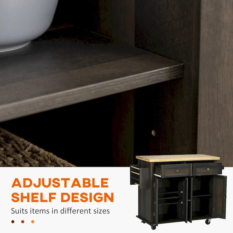 Kitchen Island on Wheels, Rolling Cart with Rubberwood Top, Spice Rack, Towel Rack and Drawers