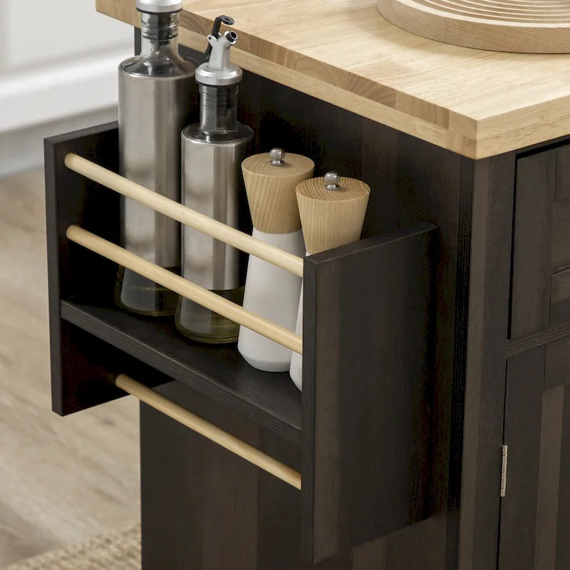 Kitchen Island on Wheels, Rolling Cart with Rubberwood Top, Spice Rack, Towel Rack and Drawers