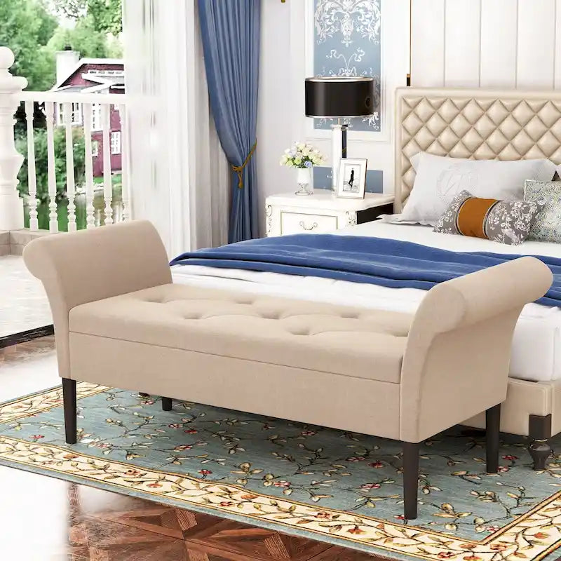 Panca contenitore imbottita con braccioli, panca capitonné per camera da letto o ingresso, poggiapiedi con ampio spazio contenitore