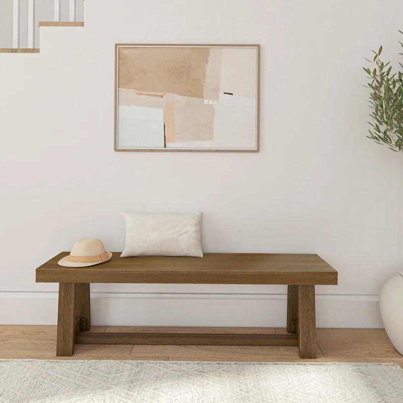Classic Farmhouse Dining Bench 60-inch Solid Pine Wood, Wirebrush Finish, Seats 3