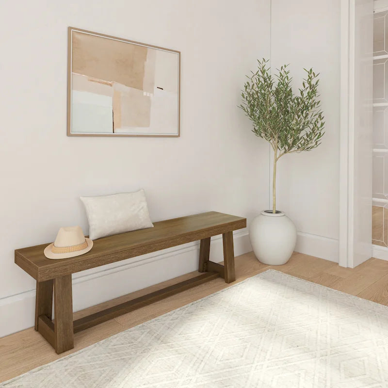 Classic Farmhouse Dining Bench 60-inch Solid Pine Wood, Wirebrush Finish, Seats 3