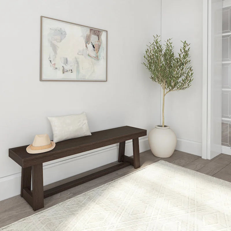Classic Farmhouse Dining Bench 60-inch Solid Pine Wood, Wirebrush Finish, Seats 3