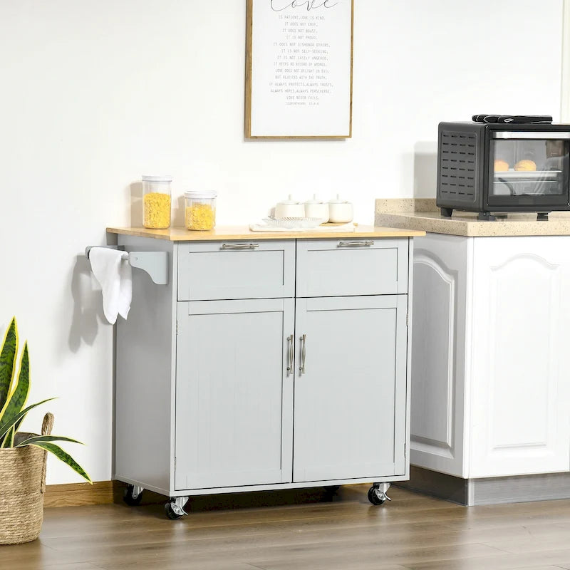 41-inch Modern Rolling Kitchen Island Storage Utility Cart Trolley with Rubberwood Top, 2 Drawers, and Towel Rack