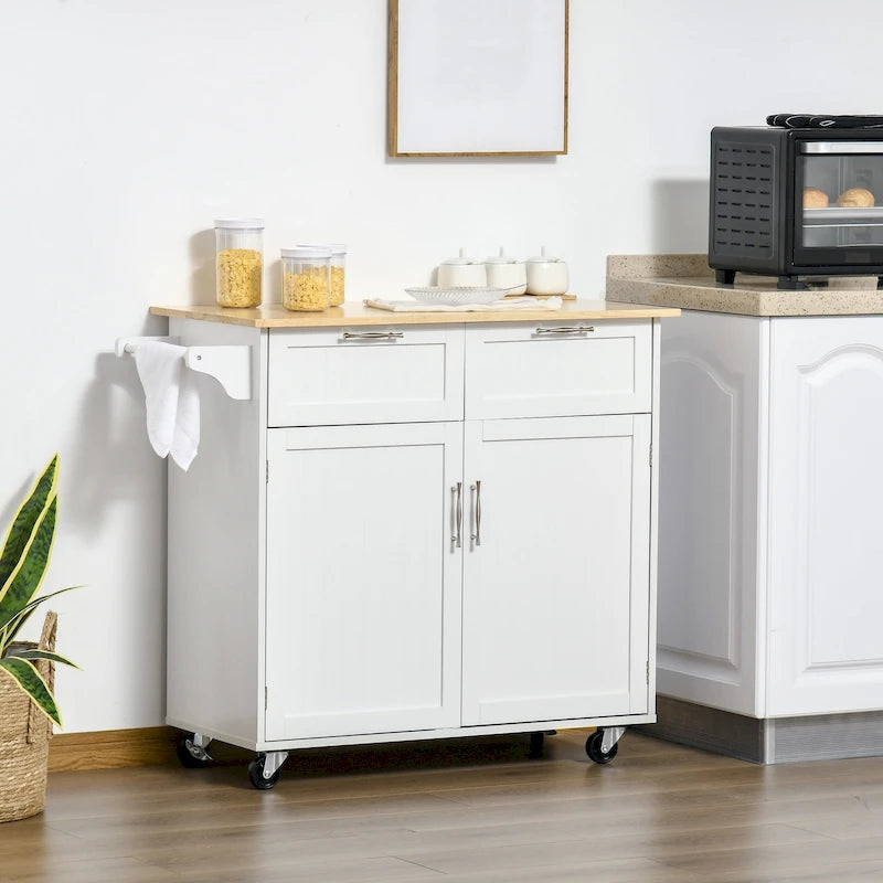 41-inch Modern Rolling Kitchen Island Storage Utility Cart Trolley with Rubberwood Top, 2 Drawers, and Towel Rack