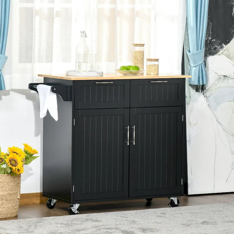 41-inch Modern Rolling Kitchen Island Storage Utility Cart Trolley with Rubberwood Top, 2 Drawers, and Towel Rack