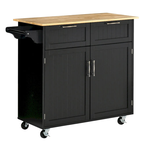 41-inch Modern Rolling Kitchen Island Storage Utility Cart Trolley with Rubberwood Top, 2 Drawers, and Towel Rack