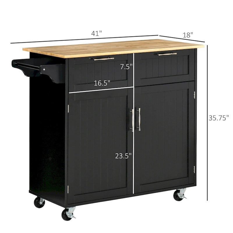 41-inch Modern Rolling Kitchen Island Storage Utility Cart Trolley with Rubberwood Top, 2 Drawers, and Towel Rack