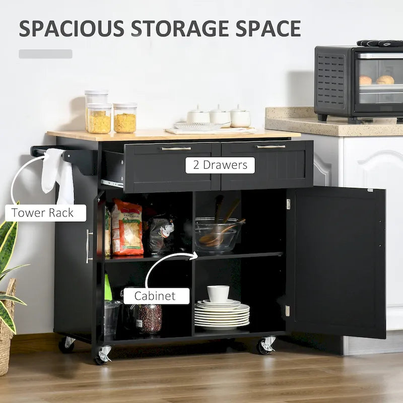 41-inch Modern Rolling Kitchen Island Storage Utility Cart Trolley with Rubberwood Top, 2 Drawers, and Towel Rack