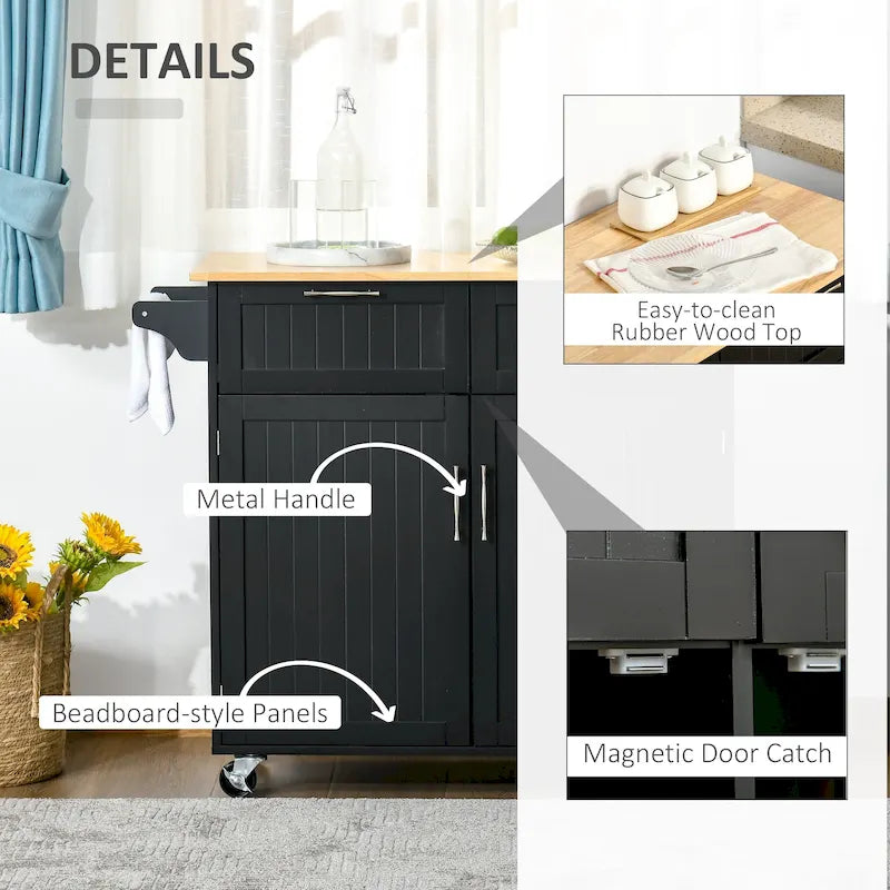 Isola da cucina moderna con ruote da 41 pollici, carrello portaoggetti con piano in legno di gomma, 2 cassetti e portasalviette