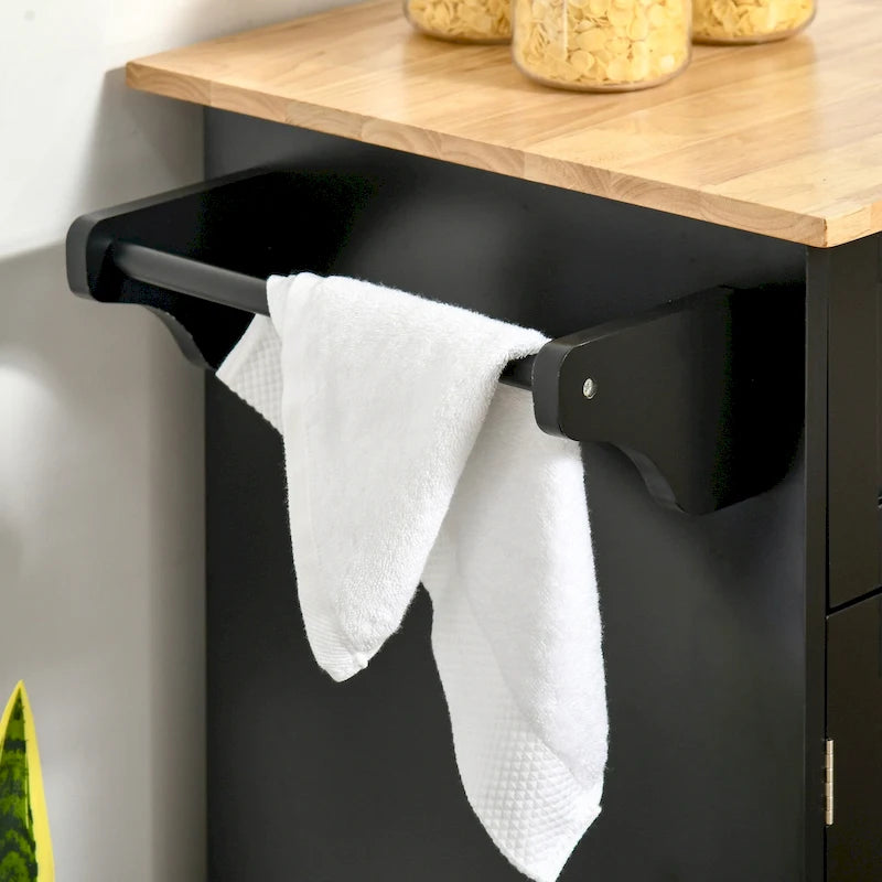 Isola da cucina moderna con ruote da 41 pollici, carrello portaoggetti con piano in legno di gomma, 2 cassetti e portasalviette