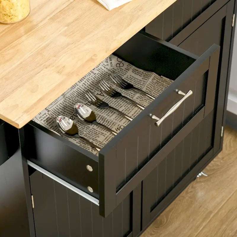 Isola da cucina moderna con ruote da 41 pollici, carrello portaoggetti con piano in legno di gomma, 2 cassetti e portasalviette