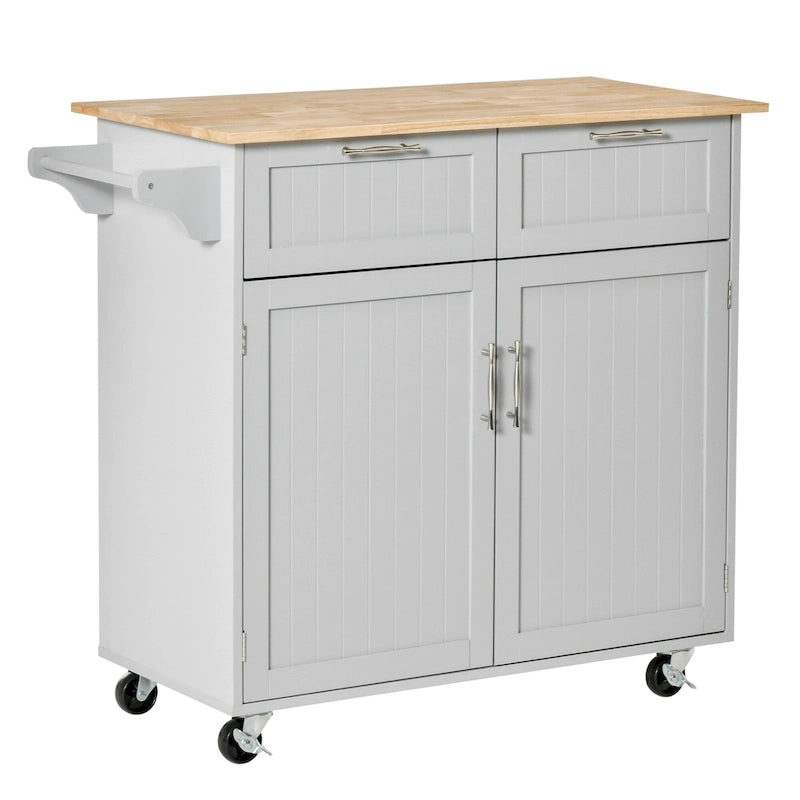 Isola da cucina moderna con ruote da 41 pollici, carrello portaoggetti con piano in legno di gomma, 2 cassetti e portasalviette